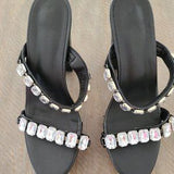 💎 Black Rhinestone Platform Chunky Heel Mules Sz 7.5/8 EU39