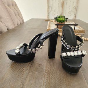 💎 Black Rhinestone Platform Chunky Heel Mules Sz 7.5/8 EU39