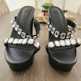💎 Black Rhinestone Platform Chunky Heel Mules Sz 7.5/8 EU39