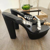💎 Black Rhinestone Platform Chunky Heel Mules Sz 7.5/8 EU39