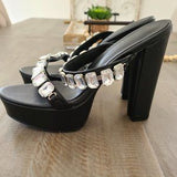 💎 Black Rhinestone Platform Chunky Heel Mules Sz 7.5/8 EU39