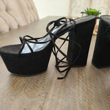 🖤👠 Y2K Black Strappy Platform Heels Lace Up Sandals US 8 EU39