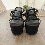 🖤👠 Y2K Black Strappy Platform Heels Lace Up Sandals US 8 EU39