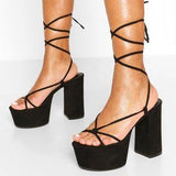 🖤👠 Y2K Black Strappy Platform Heels Lace Up Sandals US 8 EU39