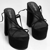 🖤👠 Y2K Black Strappy Platform Heels Lace Up Sandals US 8 EU39