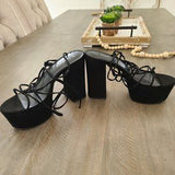 🖤👠 Y2K Black Strappy Platform Heels Lace Up Sandals US 8 EU39