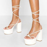🤍👠 Y2K White Strappy Platform Heels Lace Up Sandals US 8 EU39