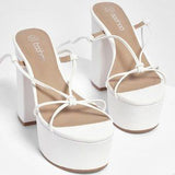 🤍👠 Y2K White Strappy Platform Heels Lace Up Sandals US 8 EU39