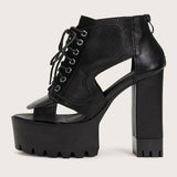 🖤👢 Lace-Up Front Open Toe Chunky Ankle Boots US 8 EU 39