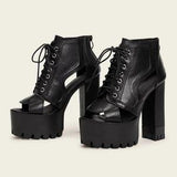 🖤👢 Lace-Up Front Open Toe Chunky Ankle Boots US 8 EU 39