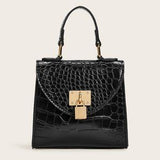 Black Croc Mini Satchel 🖤 Chain & Top Handle Bag ✨ Metal Lock Chic