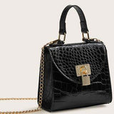 Black Croc Mini Satchel 🖤 Chain & Top Handle Bag ✨ Metal Lock Chic
