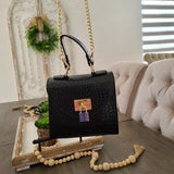 Black Croc Mini Satchel 🖤 Chain & Top Handle Bag ✨ Metal Lock Chic