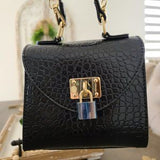 Black Croc Mini Satchel 🖤 Chain & Top Handle Bag ✨ Metal Lock Chic