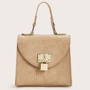 Beige Croc Mini Satchel 👜 Chain & Top Handle Bag ✨ Metal Lock Chic