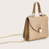 Beige Croc Mini Satchel 👜 Chain & Top Handle Bag ✨ Metal Lock Chic
