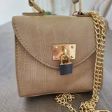 Beige Croc Mini Satchel 👜 Chain & Top Handle Bag ✨ Metal Lock Chic