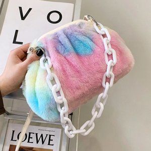 🩷🌈 Tie Dye Fluffy Faux Fur Ruched Bag w/ Chain Handle & Crossbody Strap 🌈🩷