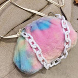 🩷🌈 Tie Dye Fluffy Faux Fur Ruched Bag w/ Chain Handle & Crossbody Strap 🌈🩷