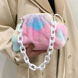 🩷🌈 Tie Dye Fluffy Faux Fur Ruched Bag w/ Chain Handle & Crossbody Strap 🌈🩷