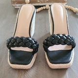 🖤🌴 Braided Espadrille Wedge Slide Sandals Black US 8