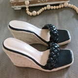 🖤🌴 Braided Espadrille Wedge Slide Sandals Black US 8