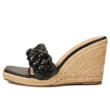 🖤🌴 Braided Espadrille Wedge Slide Sandals Black US 8