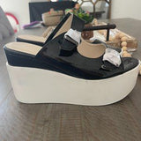 🖤 Beauty Girls Black White Platform Wedge Sandals Sz 7.5/38