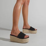 💛🖤 Espadrille Platform Wedge Slide Sandals Black/Tan - US 7.5
