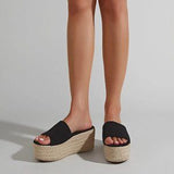 💛🖤 Espadrille Platform Wedge Slide Sandals Black/Tan - US 7.5