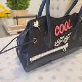 Black Girls’ Carry Bag 🖤 Pink Lettering ✨ Preppy Baguette Zipper Tote 💖