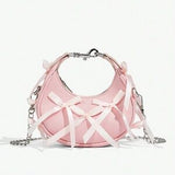 Pink Bowknot Top Handle Crossbody Bag – Lace-Up Ballet Style Y2K Retro Teen