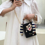 Mini Cartoon Graphic Chain Box Bag w/ Skinny Scarf – Beaded Pearl Detail 🖤🎀