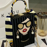 Mini Cartoon Graphic Chain Box Bag w/ Skinny Scarf – Beaded Pearl Detail 🖤🎀