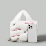 Pink Kawaii Plush Bag 🎀 Bow Accent Fashion Shoulder Square Bag 💖