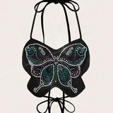 Black Rhinestone Butterfly Halter Top 🦋✨ Backless Party Crop