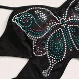 Black Rhinestone Butterfly Halter Top 🦋✨ Backless Party Crop