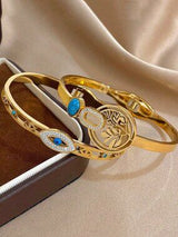 18K Gold Plated Tree of Life & Evil Eye Bangle Bracelet Set Boho Jewelry
