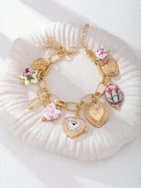 ✨ Boho Floral Charm Bracelet Faux Watch Heart Bow Gold Multicolor