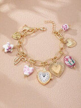 ✨ Boho Floral Charm Bracelet Faux Watch Heart Bow Gold Multicolor