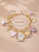 ✨ Boho Floral Charm Bracelet Faux Watch Heart Bow Gold Multicolor