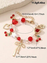 🍒 Cherry Heart Bow Charm Bracelet Gold Tone Cute Coquette