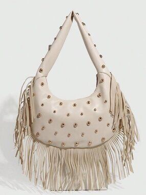 Street Punk Tassel Rivet Hobo Shoulder Bag Beige