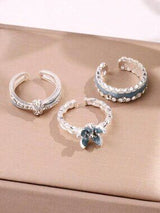 3pcs Blue Flower Rings Set Zirconia Enamel Cute Romantic Gift Jewelry