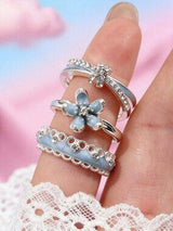 3pcs Blue Flower Rings Set Zirconia Enamel Cute Romantic Gift Jewelry