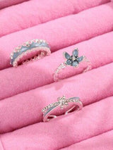 3pcs Blue Flower Rings Set Zirconia Enamel Cute Romantic Gift Jewelry