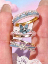 3pcs Blue Flower Rings Set Zirconia Enamel Cute Romantic Gift Jewelry
