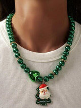 Christmas Green Pearl Necklace Santa Reindeer Tree Holiday Jew