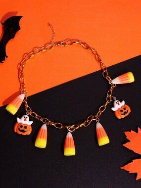 Halloween Candy Corn Ghost Pumpkin Pendant Necklace Cute Jewelry