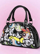 Powerpuff Girls Black Glossy Satchel Cartoon Print Top Handle Bag